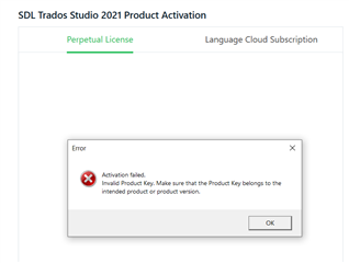 SDL Trados Studio 2021 Product Activation window with an error message stating 'Activation failed. Invalid Product Key. Make sure that the Product Key belongs to the intended product or product version.'