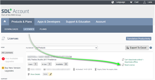 Screenshot of SDL Account Licenses page showing Trados Studio 2021 Professional with one available license and a green arrow pointing to the 'Reset License' button.