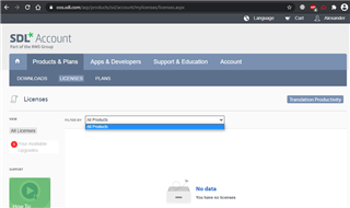 Screenshot of SDL Account Licenses page with a dropdown menu for product selection and a message displaying 'No data You have no licenses.'