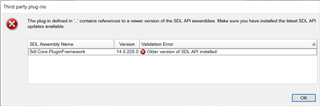 Error message in Trados Studio stating 'The plugin '...' contains references to a newer version of the Sdl.Core.PluginFramework. Make sure you have installed the latest Sdl.API assemblies.' with a validation error for 'Sdl.Core.PluginFramework' version '14.0.0.0' stating 'Older version of Sdl.API installed.'