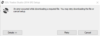 Error message during SDL Trados Studio 2014 SP2 Setup stating 'An error occurred while downloading a required file.' with Retry and Cancel buttons.