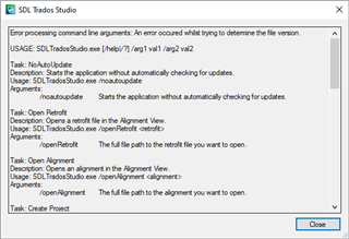 Error message in SDL Trados Studio stating 'Error processing command line arguments: An error occurred while trying to determine the file version.' followed by usage instructions for various tasks.