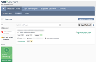Screenshot of SDL Account Licensing page showing Trados Studio 2021 Freelance with a green checkmark under 'Status' and a warning 'Can't activate product - Get an offline activation Certificate'.