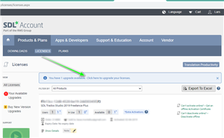 Screenshot of SDL Account Licenses page showing an arrow pointing to 'You have 1 upgrade available. Click here to upgrade your licenses.'