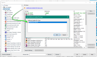 Trados Studio Options dialog box showing File Types tab with Additional Installed File Types section highlighted, indicating the plugin is enabled.