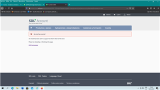 Error message on Trados Studio account page stating 'An error has been caught in function of the service.' with a red error icon.