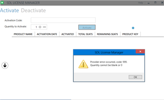Trados Studio's SDL License Manager window with an error message 'Provider error occurred: code 999. Quantity cannot be blank or 0' displayed in a dialog box.