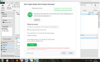 Trados Studio 2021 Product Activation window showing an error message for Language Cloud Subscription stating the account has reached the maximum number of registered devices.