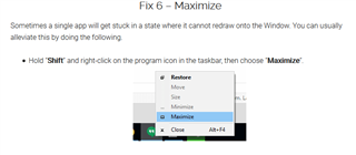Screenshot showing a tip to fix a stuck app by maximizing, with instructions to hold 'Shift' and right-click on the program icon in the taskbar, then choose 'Maximize'.