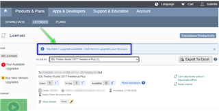SDL Trados Studio license upgrade prompt with a green arrow pointing to 'Click here to upgrade your license'.