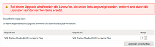 Error message in Trados Studio upgrade page stating 'Bei einem Upgrade werden die von Lizenzen, die unten links angezeigt werden, entfernt und durch die Lizenzen auf der rechten Seite ersetzt.' with an option to upgrade from Studio 2017 to Studio 2021.