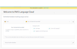 Screenshot of RWS Language Cloud account showing a notification that the trial period has ended and a prompt to subscribe for full access.