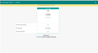 Screenshot of Trados Studio subscription page displaying a 'Trial' plan for $0 with basic features and a link to contact for business packages and pricing.