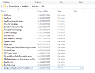 File Explorer window showing the SDL folder contents with a selected file named LanguageCloudMachineTranslation.bin.