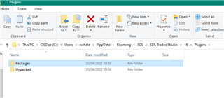 File Explorer window showing the path C:UsersIsabelAppDataRoamingSDLSDL Trados Studio16Plugins with two folders named 'Packages' and 'Unpacked'.