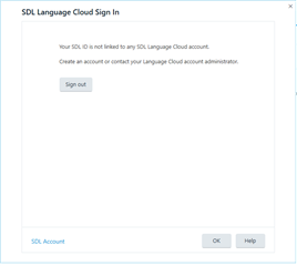 SDL Language Cloud Sign In window displaying message that SDL ID is not linked to any Language Cloud account with options to sign out or seek help.