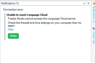 Notification in Trados Studio showing a connection error stating 'Unable to reach Language Cloud' with advice to check firewall and time settings, and a 'Retry' button.