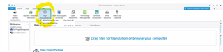 Trados Studio interface showing the 'Home' tab with various options. The 'Align Files' button is circled, indicating its location on the toolbar.