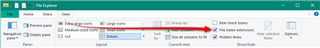 Screenshot of File Explorer with a red arrow pointing to the 'File name extensions' checkbox, indicating it should be checked to show file extensions.