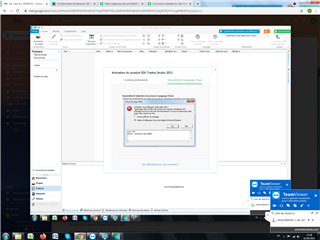 Screenshot of Trados Studio activation error on Windows 7 Professional, with a message to verify firewall settings.