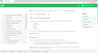SDL Trados Studio editions webpage with a list of available editions including Freelance and Professional, and a note about language selection during installation.