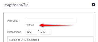 Screenshot of a file upload dialog box with an 'Upload' button highlighted by a red arrow.