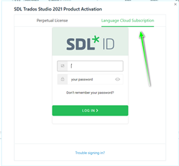 Trados Studio 2021 Product Activation screen with an arrow pointing to the Language Cloud Subscription tab.