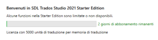 Welcome message in SDL Trados Studio 2021 Starter Edition indicating limited functionality and a remaining subscription of 2 days.