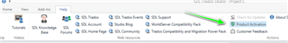 Trados Studio interface showing the 'Help' tab highlighted with a green arrow pointing to 'Product Activation' option for deactivating a license.