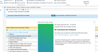 Screenshot of Trados Studio software showing the 'About SDL Trados Studio' window with version and copyright information, and a project window in the background with no visible errors.