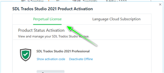 SDL Trados Studio 2021 Product Activation window showing successful activation of Trados Studio 2021 Professional with a green checkmark.