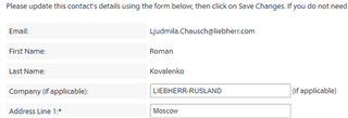 Screenshot of Trados Studio contact details form with incorrect first name 'Roman' and last name 'Kovalenko' entered instead of 'Ljudmila Chausch'.