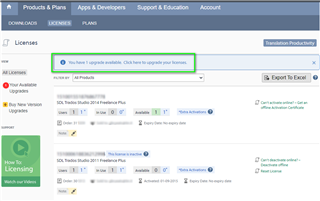Trados Studio Licenses page with a notification banner stating 'You have 1 upgrade available. Click here to upgrade your licenses.' The page lists various Trados Studio products with options to view details and upgrade licenses.