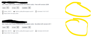 Screenshot of Trados Studio 2007 Suite Professional Activation Code section showing 0 users, 0 in use, 0 available, with no reset button visible.