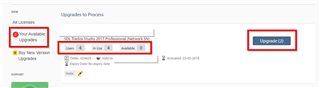 Screenshot showing Trados Studio license management page with a red warning icon indicating 'Your Available Upgrades' and a list item '4 x Studio 2017 Professional Network' with 'Available: 2'.