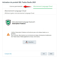 Trados Studio 2021 product activation screen with two tabs: 'Licence permanente' and 'Abonnement Language Cloud'. An error message under 'Subscription Freelance' edition states the subscription does not work on this computer and suggests contacting support.