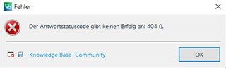 Error message in Trados Studio stating 'Der Antwortstatuscode gibt keinen Erfolg an: 404 ()' with an OK button and links to Knowledge Base and Community.