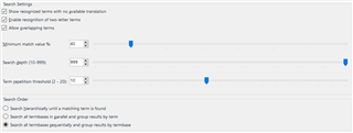 Screenshot of Trados Studio Project Settings showing Termbase Search Settings with sliders for minimum match value and search depth.