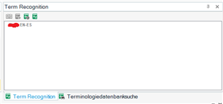Screenshot of Trados Studio Editor with the Term Recognition window open, displaying a red-marked term from a termbase but no other terms visible.