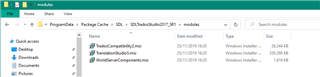 Windows Explorer window showing the contents of the Package Cache folder for SDL Trados Studio 2017 with three .msi files listed.