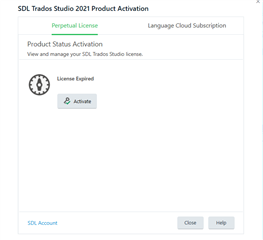 SDL Trados Studio 2021 Product Activation window showing Perpetual License tab with a warning 'License Expired' and an 'Activate' button.