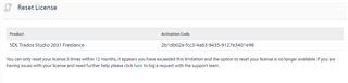 Reset License page showing product 'SDL Trados Studio 2021 Freelance' with an Activation Code and a note that license resets within 12 months are limited.