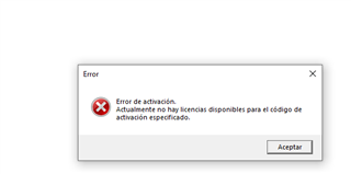 Error dialog box with a red cross icon indicating 'Activation error. There are currently no licenses available for the specified activation code.' with an Accept button.