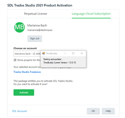 SDL Trados Studio 2021 Product Activation screen showing Language Cloud Subscription tab with user Marianna Bach's email, a sign-out button, and an error message 'Starting simulator - Trados Studio Freelance - Currently Used Version: 1.0.0' with an Activate button.