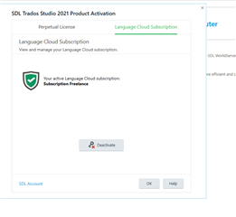 Trados Studio 2021 Product Activation window displaying a green checkmark and text 'Your active Language Cloud subscription: Subscription Freelance'. A 'Deactivate' button is visible.
