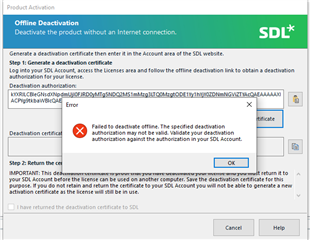 Error message on Trados Studio Product Activation screen stating 'Failed to deactivate offline. The specified deactivation authorization may not be valid. Validate your deactivation authorization against the authorization in your SDL Account.' with an OK button.