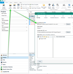 Trados Studio screenshot showing the 'Projects' tab with an arrow pointing to 'New Project'. A project creation dialog box is open with a dropdown menu for selecting a project template.