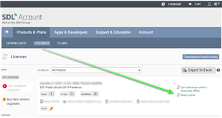 Screenshot of SDL Account page showing the Licenses tab with an option to deactivate Trados Studio license online.