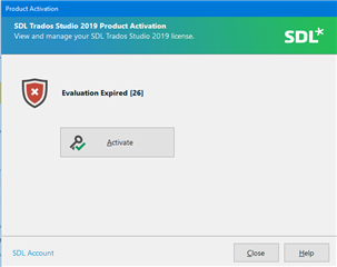 SDL Trados Studio 2019 Product Activation window showing an error message 'Evaluation Expired 26' with an activate button below.