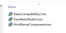 Screenshot showing a folder with three MSI installer files named TradosCompatibility2.msi, TranslationStudio5.msi, and WorldServerComponents.msi.